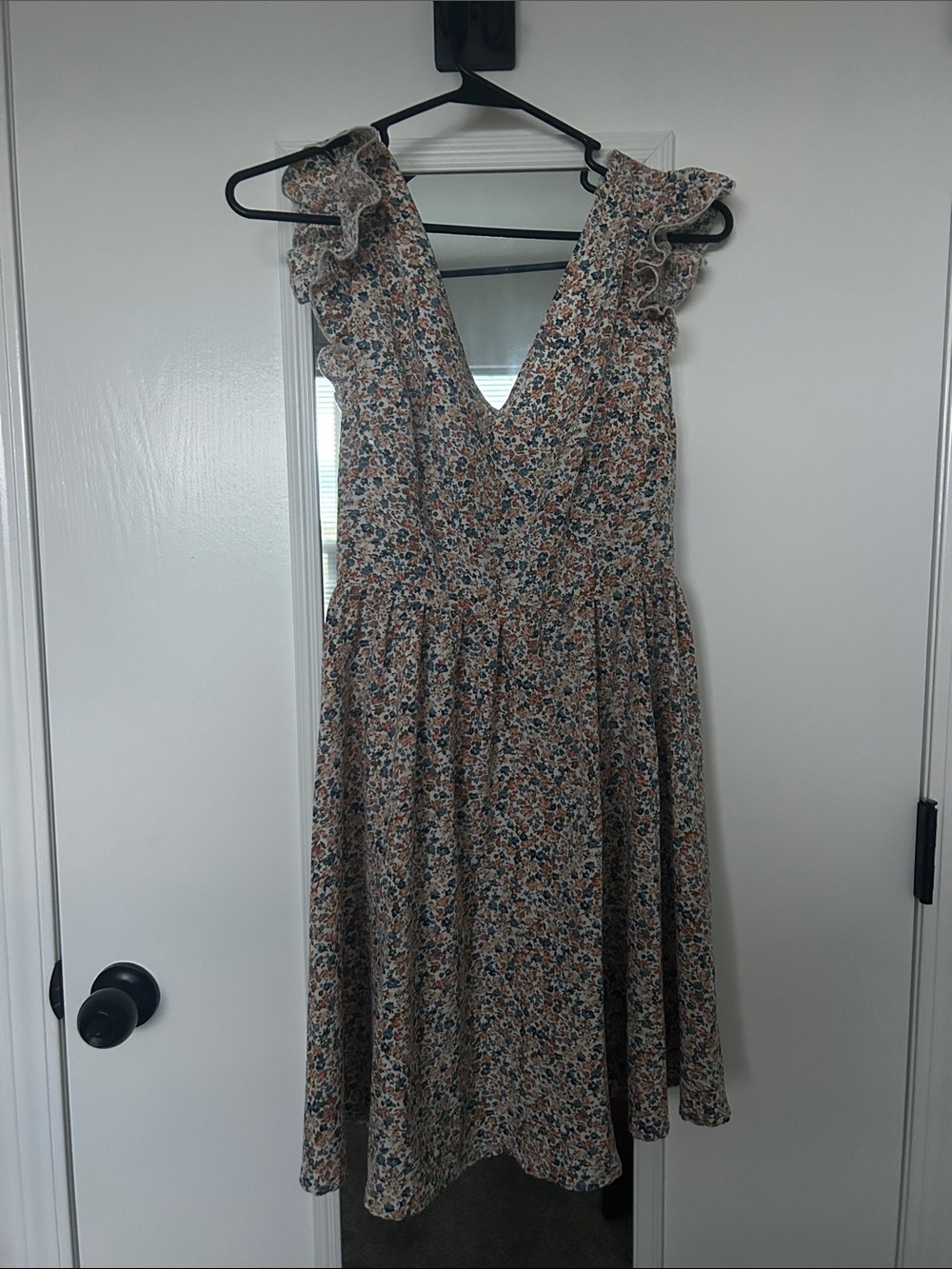 Floral V-Neck Ruffle Sleeve Midi Dress - Blue & Brown